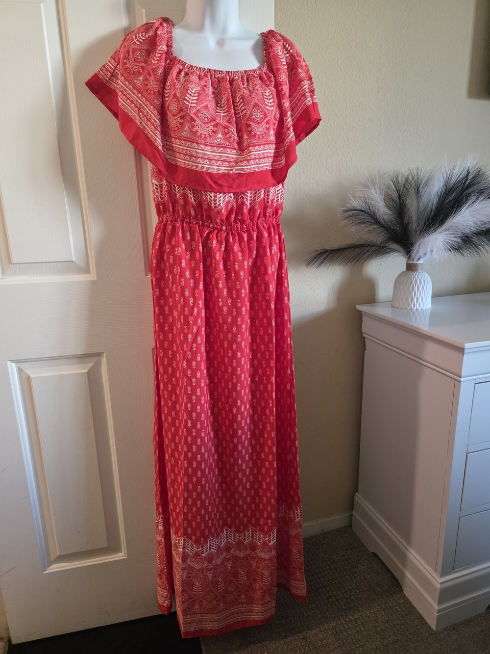 Red Off-Shoulder Maxi Dress with Smocked Waist